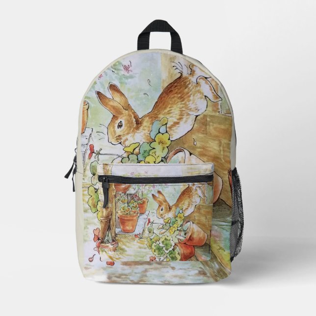 Peter the rabbit tumbling in garden shed 	 printed backpack (Front)