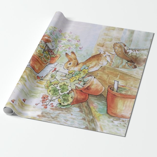 Peter the rabbit tumbling in garden shed 	 wrapping paper (Unrolled)