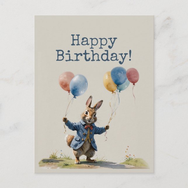 Peter the rabbit with balloons Happy Birthday Postcard (Front)