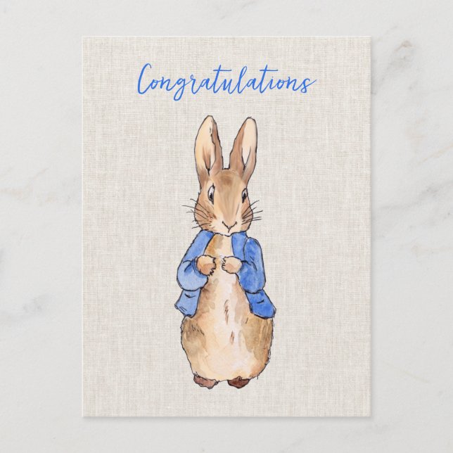 Peter the rabbit with beige linen background postcard (Front)
