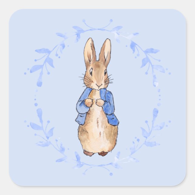 Peter the Rabbit with blue leaf wreath   Square Sticker (Front)