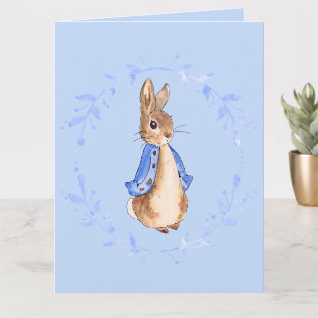 Peter the Rabbit  with Blue Leafy Wreath Card (Small Plant)