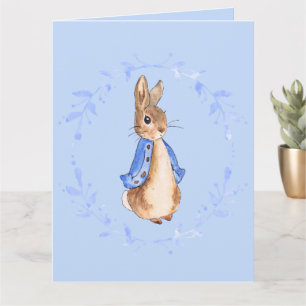 Peter the Rabbit with Blue Leafy Wreath Card