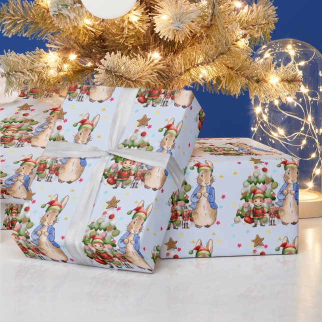 Peter the Rabbit with Elf and Christmas tree Wrapping Paper (Holidays)