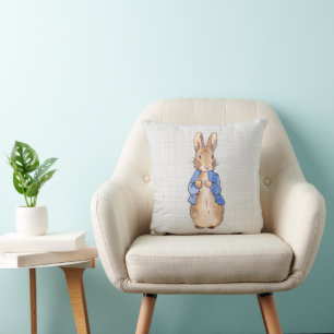 Peter the rabbit with gray linen texture throw pillow