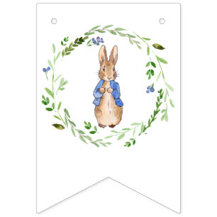 Peter the Rabbit with Green leaf Wreath  Bunting Flags