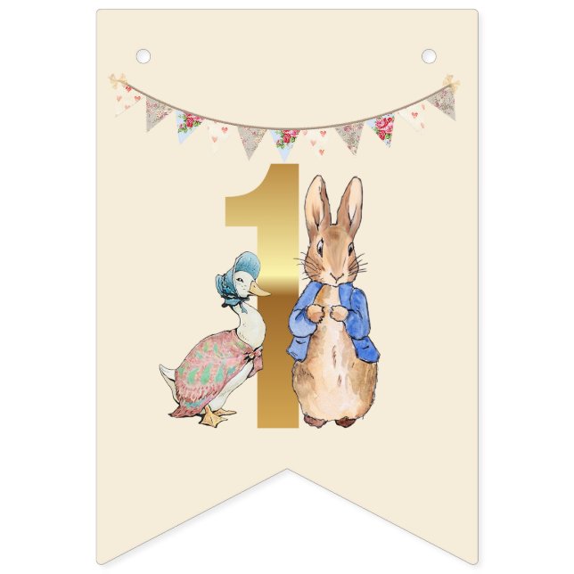 Peter the Rabbit with Jemima First Birthday Bunting Flags (First Flag)