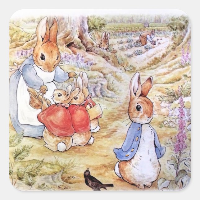 Peter the Rabbit with Josephine Bunny in the Woods Square Sticker (Front)