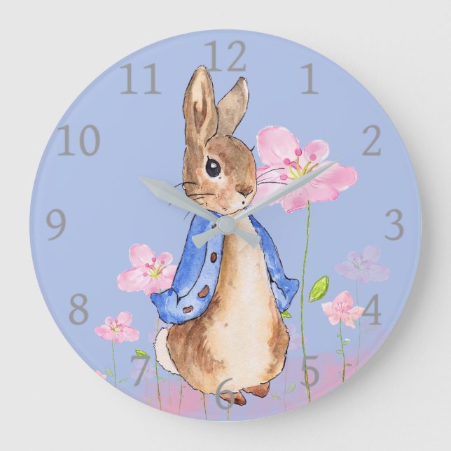 Peter the Rabbit with Pink Flowers Large Clock (Front)