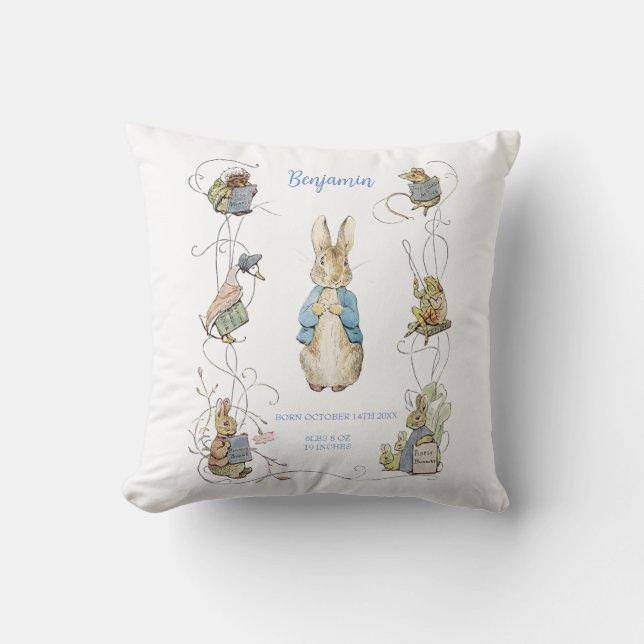 Peter the Rabbit Yellow Gingham Birth Stats Throw Pillow (Front)