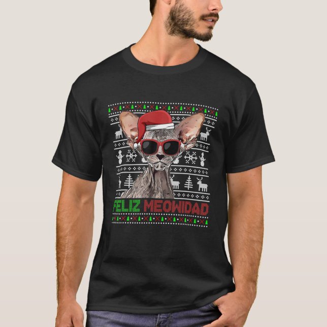 Peterbald Cat Feliz Meowidad Funny Christmas T-Shirt (Front)