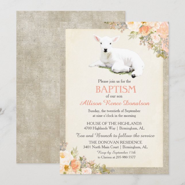 Petit agneau Baptême Floral Invitation (Devant / Derrière)