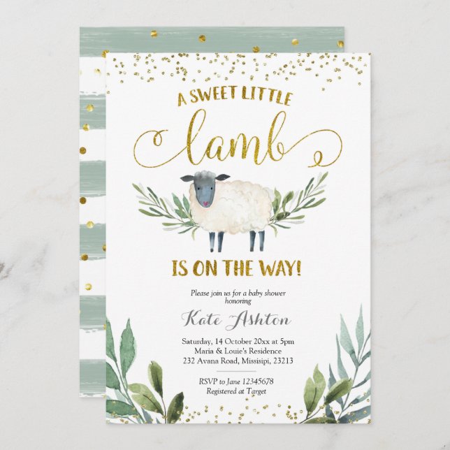 Petit Agneau doux vert Baby shower Invitation (Devant / Derrière)