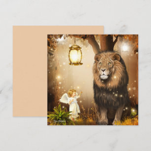 Petit ange mignon avec carte de lion