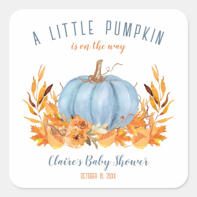 Petit Autocollant Carré Baby shower bleu Citrouill (Devant)