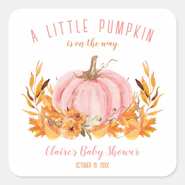 Petit Autocollant Carré Baby shower rose Citrouill (Devant)