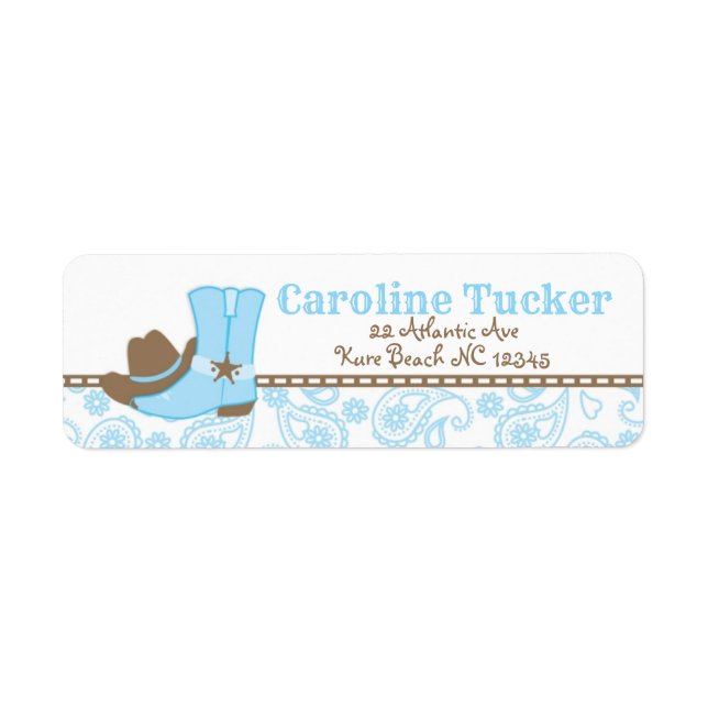 Petit Baby shower Cowboy Étiquette de adresse bleu (Devant)
