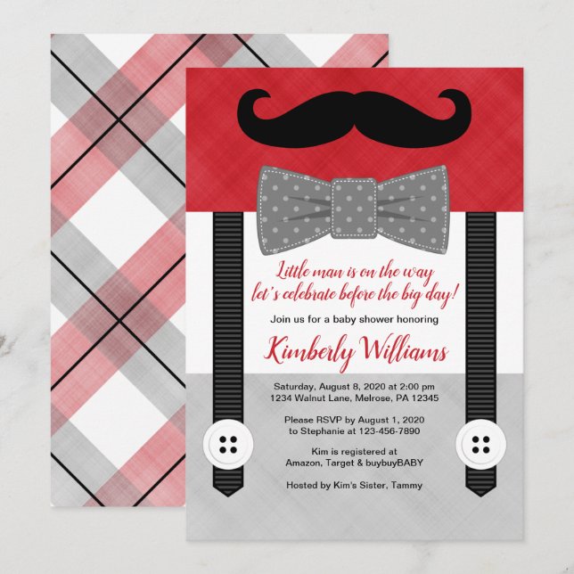 petit baby shower invitation petit homme rouge gri (Devant / Derrière)