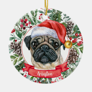 Petit Carlin Chien Personnalisé Père Noël Ornement