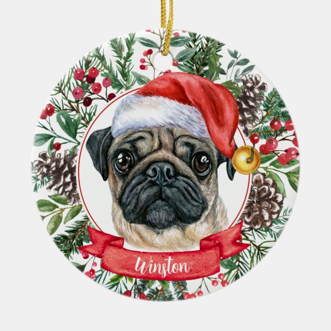 Petit Carlin Chien Personnalisé Père Noël Ornement (Devant)
