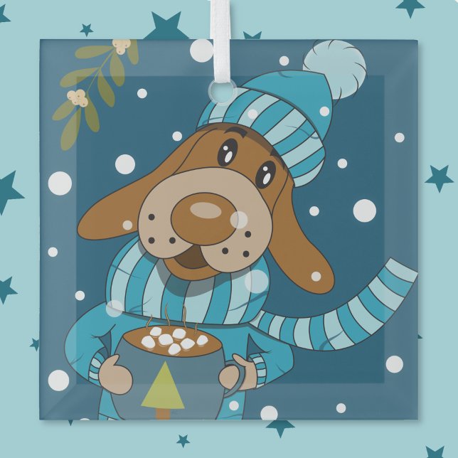 Petit de Noël avec ornement de cacao chaud (Cartoon dog Christmas blue glass ornament .)