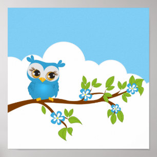 Petit hibou garçon sur une affiche de branche