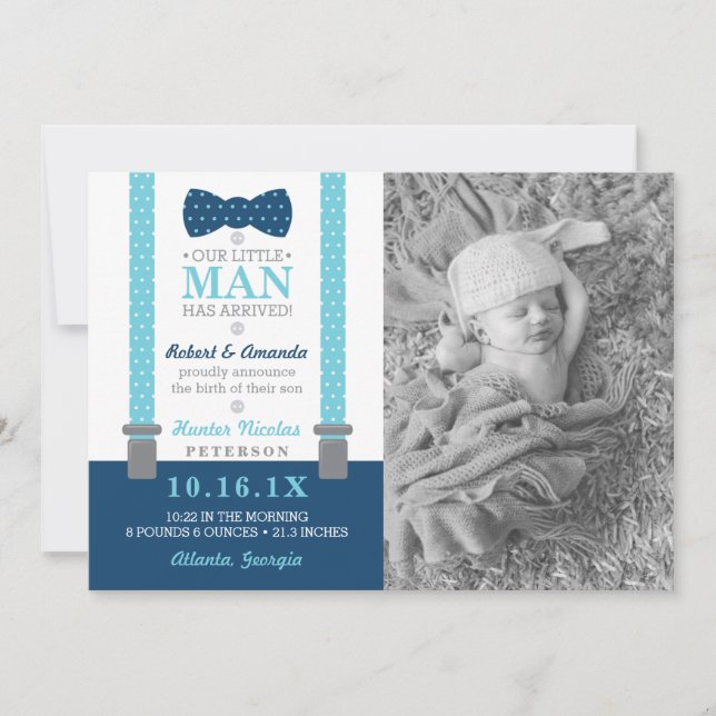 Petit Homme Faire-part de naissance, Bleu, Gris (Devant)