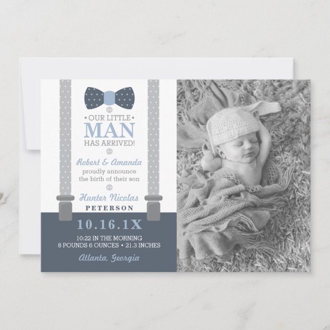Petit Homme Faire-part de naissance, Bleu, Gris (Devant)