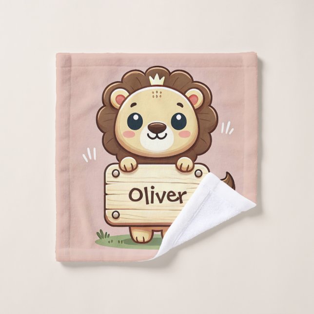 Petit lion mignon avec un panneau de nom (Gant de toilette)