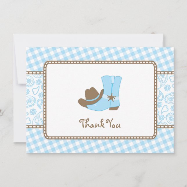 Petit Merci de baby shower de cowboy bleu et brun (Devant)