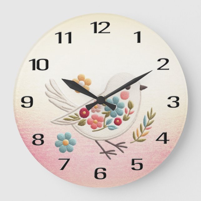 Petit Oiseau Blanc Floral Horloge murale (Recto)