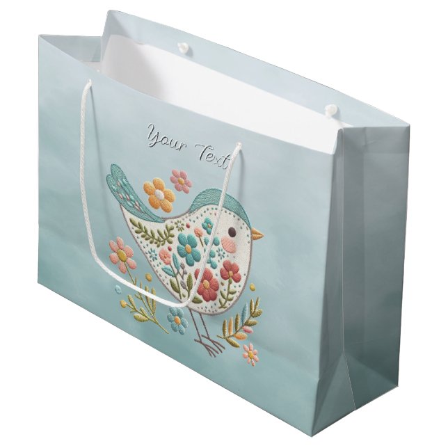Petit Oiseau Bleu Fleurs Roses Sac Cadeau (Devant Angle)