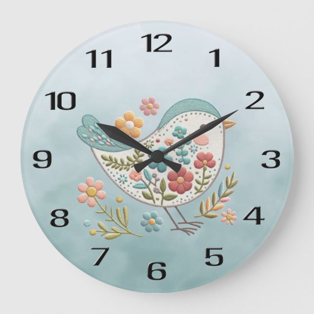 Petit Oiseau bleu rose Fleurs Horloge murale (Recto)
