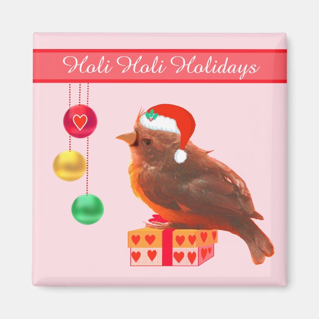 Petit oiseau de Noël sur aimant rose (Devant)