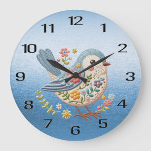 Petit Oiseau Floral Broderie Bleu Mur Horloge