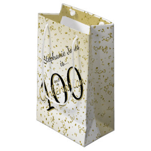 Petit Sac Cadeau 100 ans Centenaire Anniversaire Noir/Or Texte