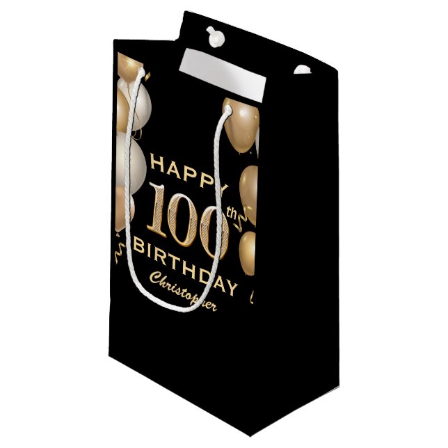 Petit Sac Cadeau 100e fête d'anniversaire Ballons Noir et Or (Devant Angle)