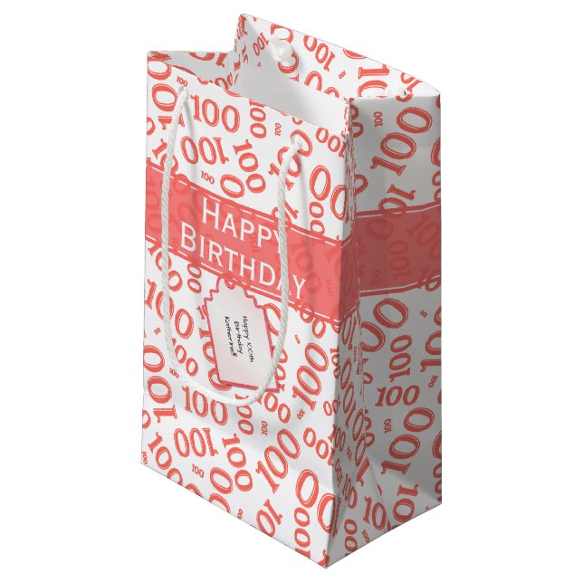 Petit Sac Cadeau 100th Birthday Coral/White Random Number Pattern (Devant Angle)