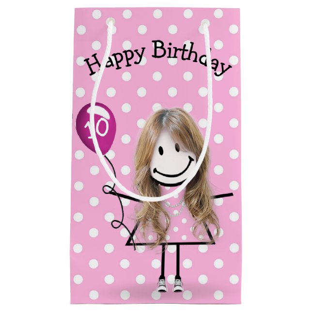 Petit Sac Cadeau 10e Anniversaire Stick Girl avec ballon rose (Devant)