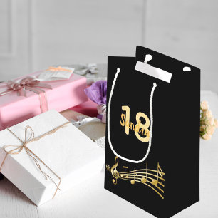 Petit Sac Cadeau 18e fête d'anniversaire noir or notes de musique n