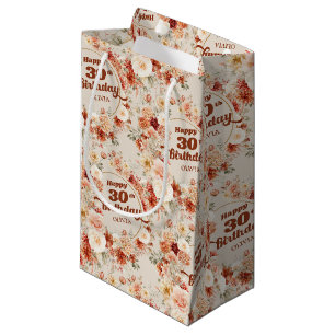 Petit Sac Cadeau 30e anniversaire tendance floral bordeaux brun en 