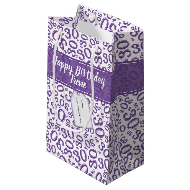 Petit Sac Cadeau 30th Birthday Random Number Pattern Purple/White (Devant Angle)