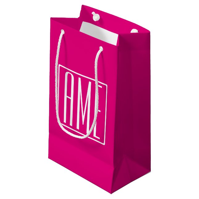 Petit Sac Cadeau 3 Initiales Monogramme | Blanc sur rose chaud (Devant Angle)