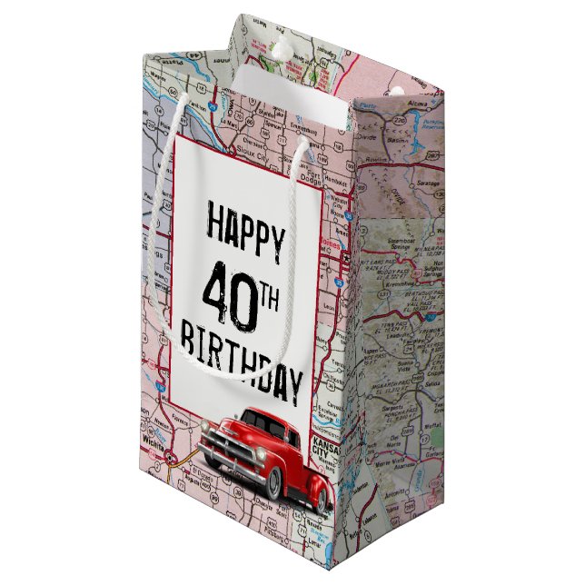 Petit Sac Cadeau 40e anniversaire Camion rouge Retro sur la carte (Devant Angle)