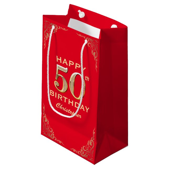 Petit Sac Cadeau 50e anniversaire Parties scintillant rouge et or c (Devant Angle)