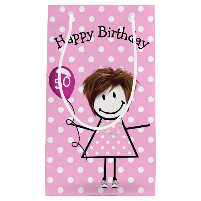 Petit Sac Cadeau 50e Anniversaire Stick Girl avec ballon rose (Devant)