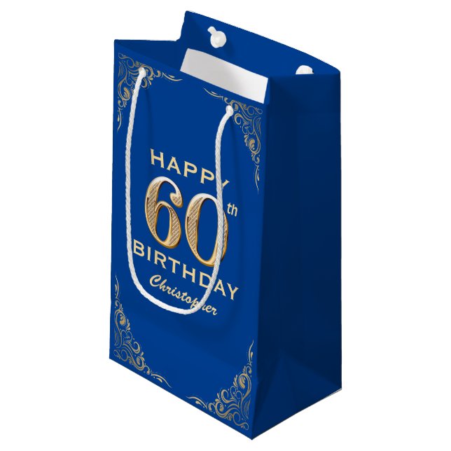 Petit Sac Cadeau 60e anniversaire Parties scintillant bleue et or c (Devant Angle)