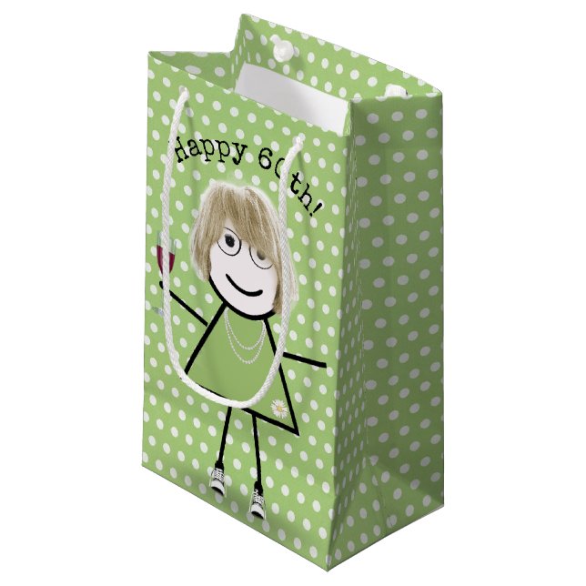 Petit Sac Cadeau 60e Anniversaire Stick Girl avec Verre à Vin (Devant Angle)
