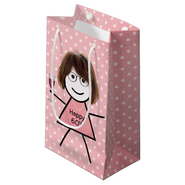 Petit Sac Cadeau 60e Anniversaire Stick Girl sur Pois (Devant Angle)