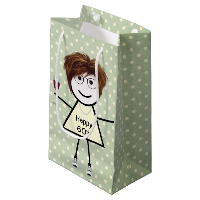 Petit Sac Cadeau 60e Anniversaire Stick Girl sur Pois (Devant Angle)